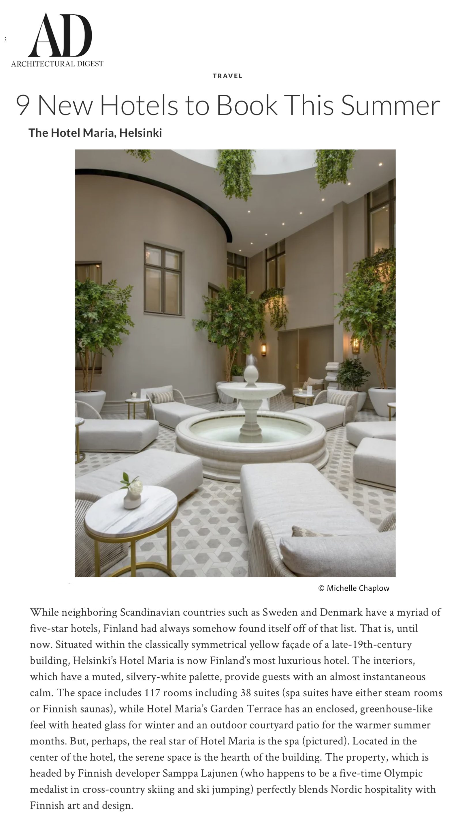 Michelle Chaplow´s photography of hotel Maria published in in Architectural Digest 