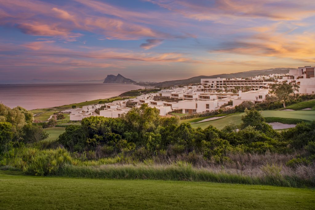 Fairmont La Hacienda Hotel golf course and view to Gibraltar, La Alcaidesa, Andalucia. Spain